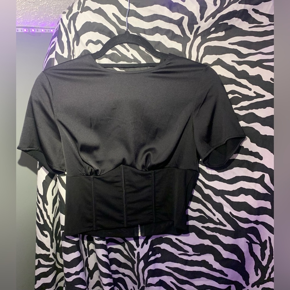 black satin and corset top open backed